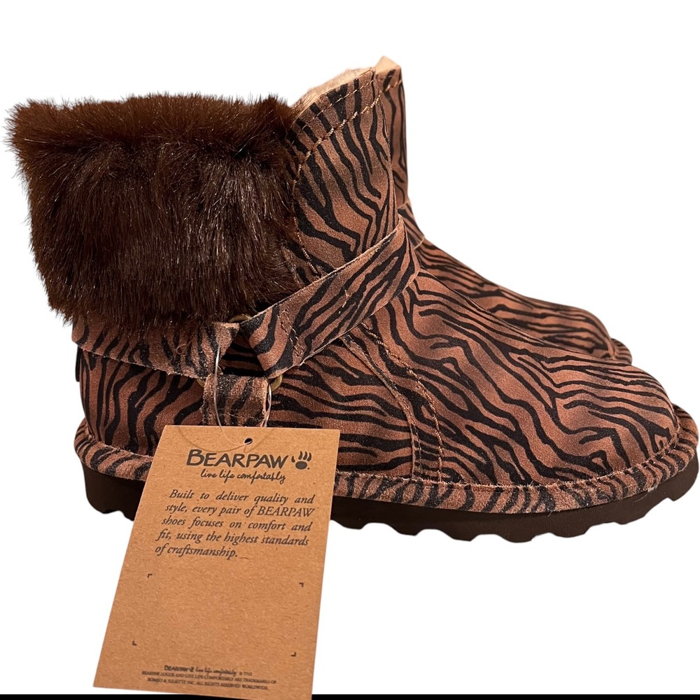Bearpaw Ankle Boots Konnie Women Size 7 Tiger Print Brown Faux Fur NeverWet